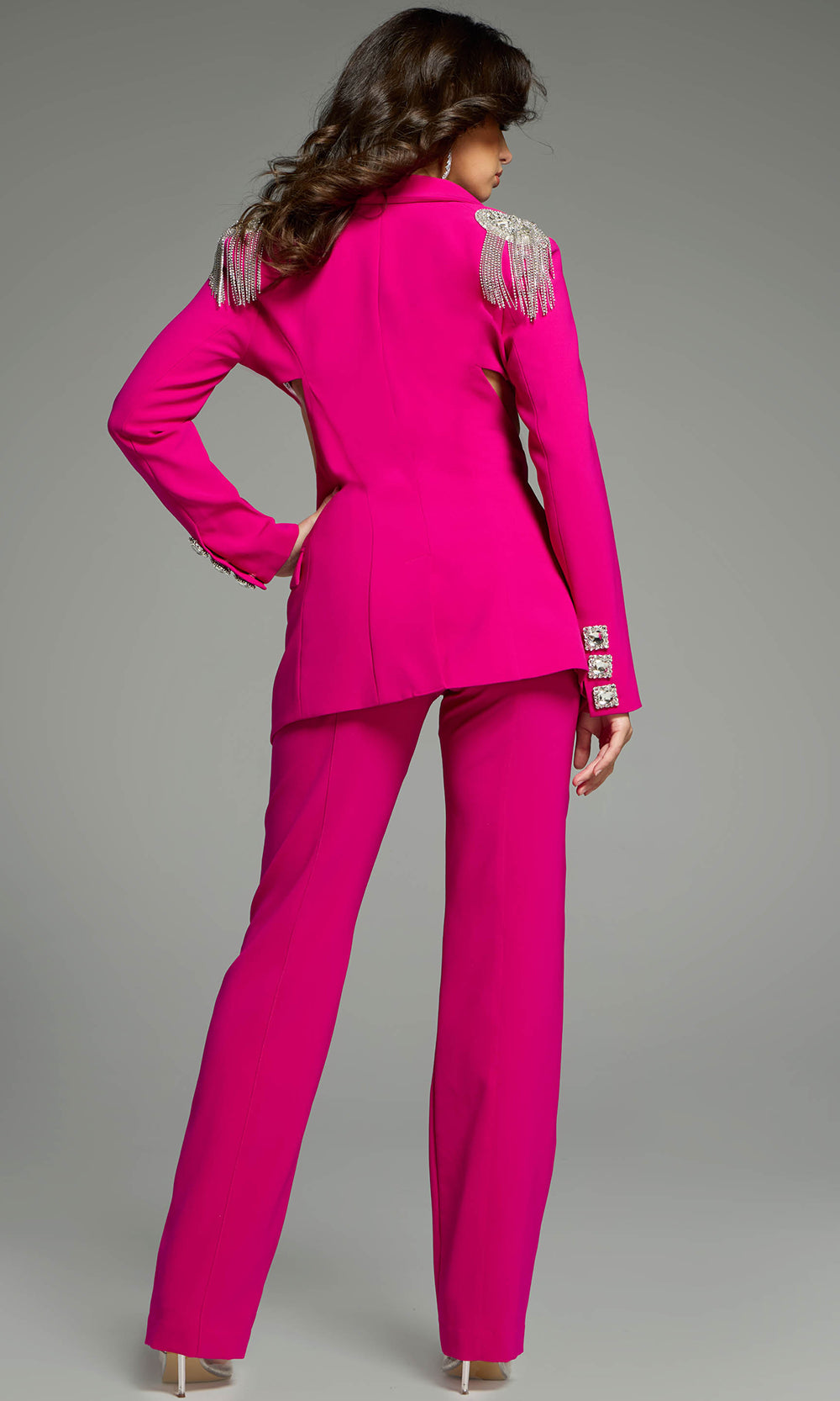 Jovani 42120 - Cropped Blazer V-Neckline Pantsuit Special Occasion Dress In Fuchsia