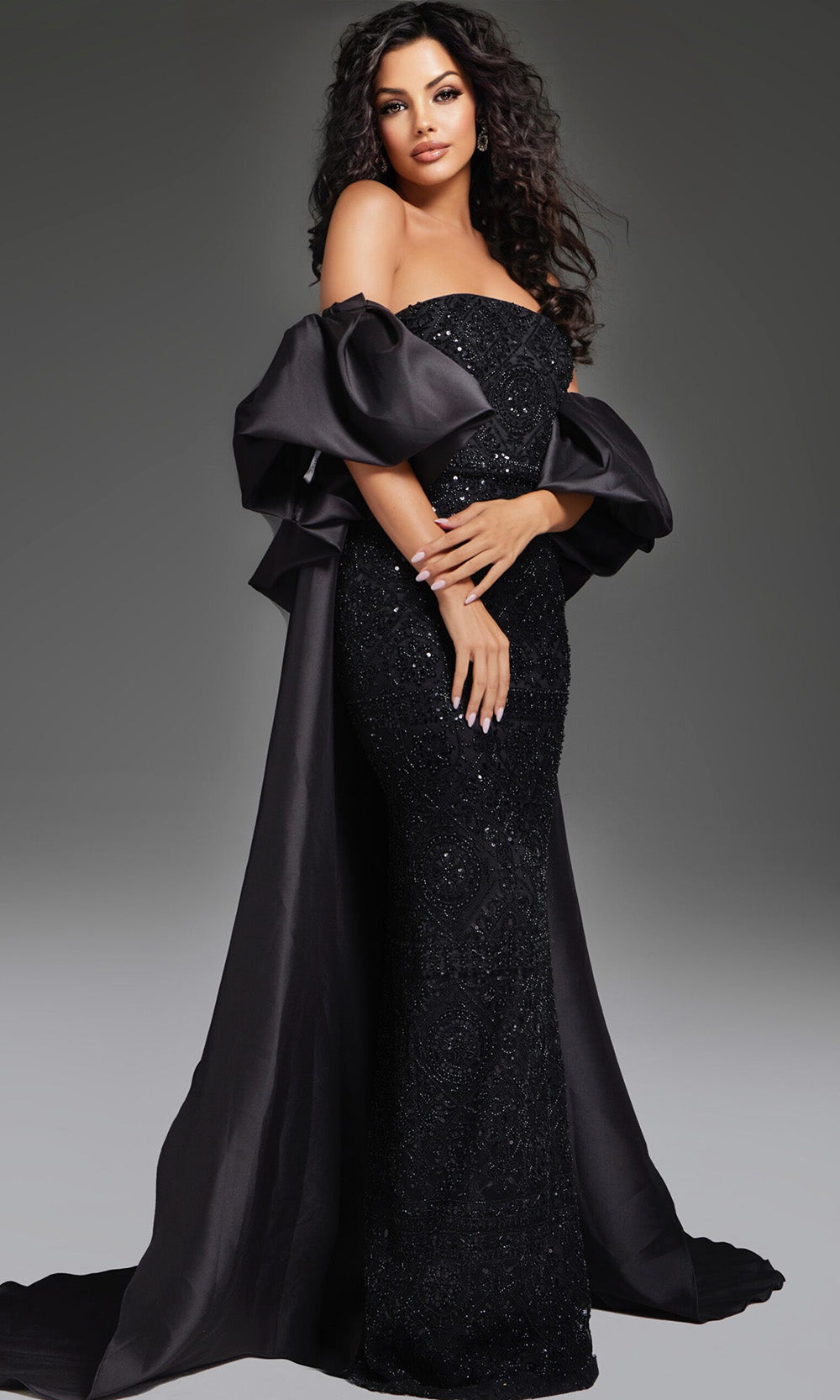 Jovani 42137 - Strapless Beaded Gown with Cape
