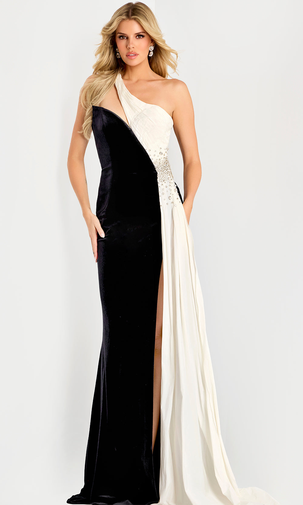 Jovani 42140 - Contrast Drape Asymmetric Sheath Gown