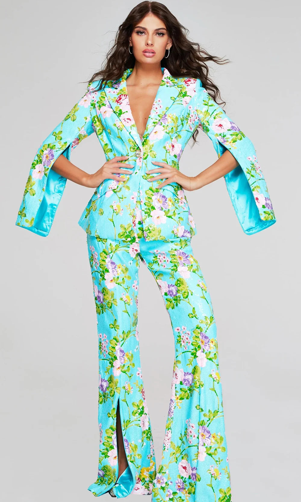 Jovani 42146 - Collared V-Neck Floral Ornate Pantsuit Prom Dresses  in Multi  