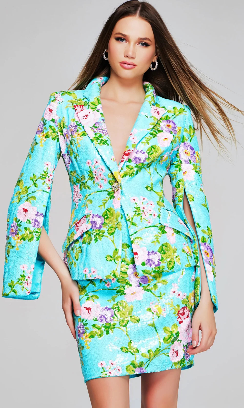 Jovani 42147 - Floral Embellished Long Sleeve Mini Dress Party Dresses  in Multi  