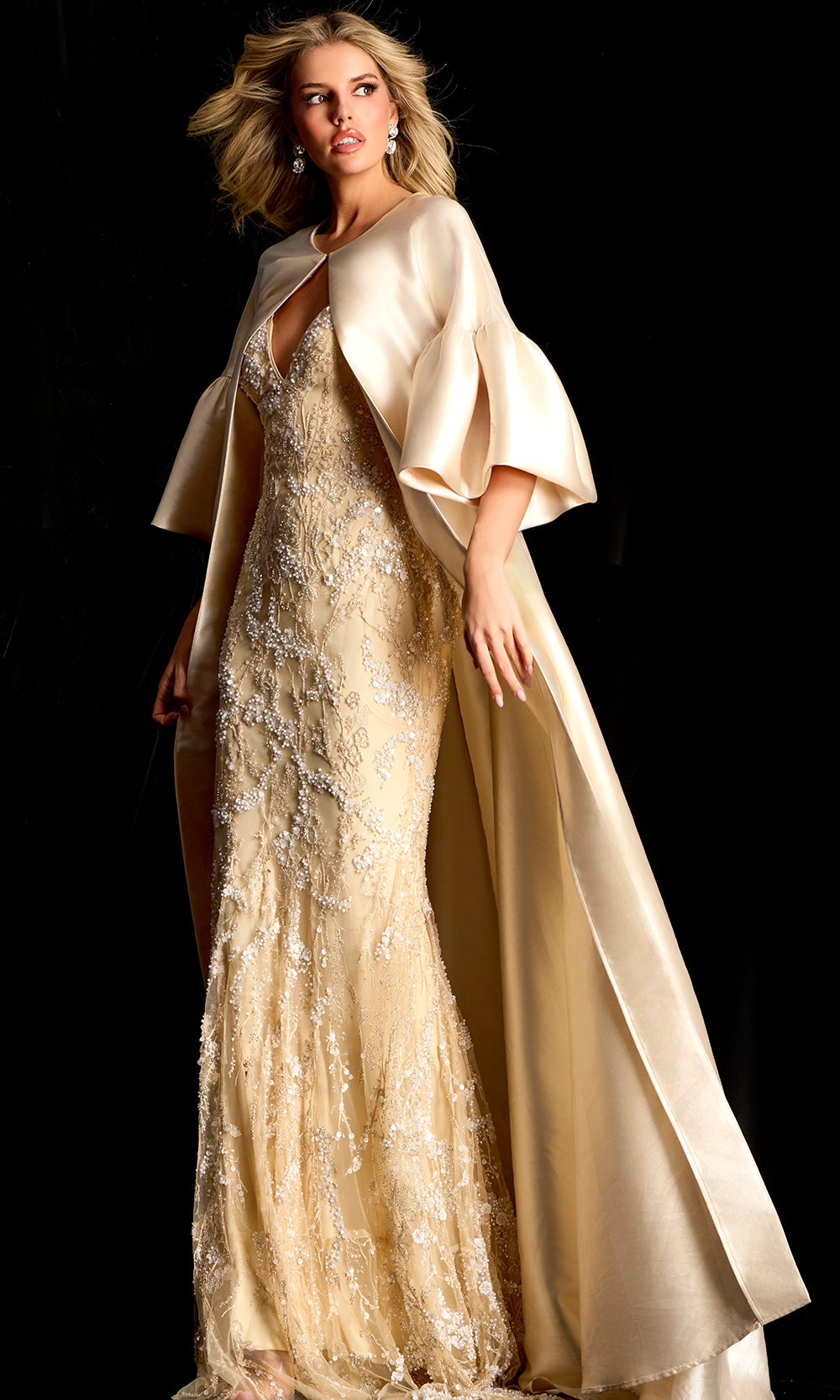 Jovani 42159 - Satin Cape Overlay Embellished Sheath Gown