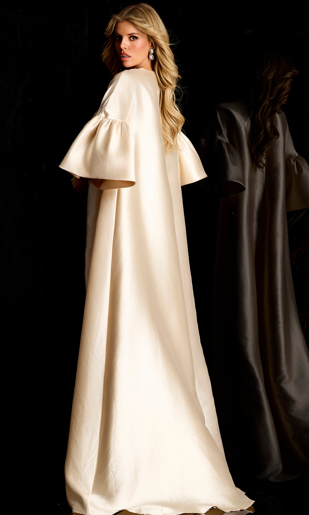 Jovani 42159 - Satin Cape Overlay Embellished Sheath Gown