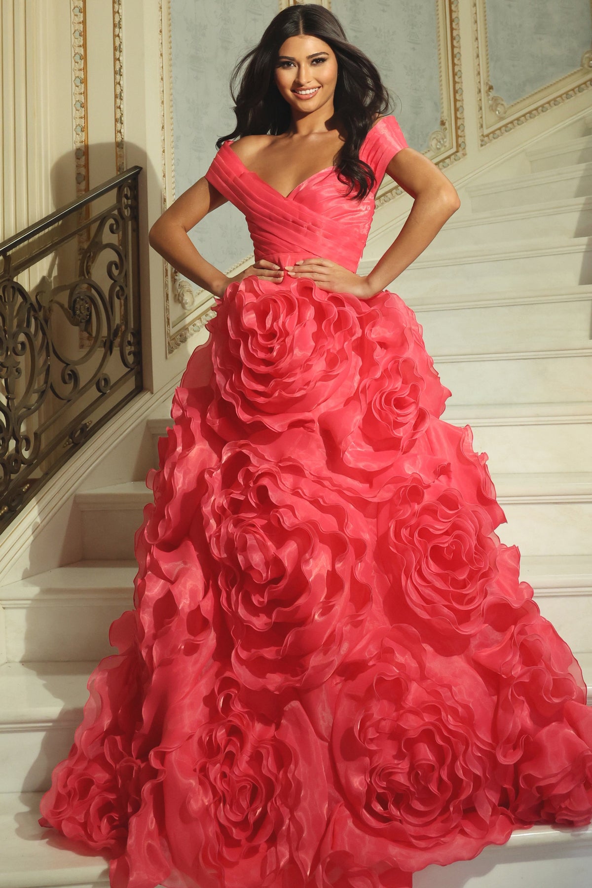 Jovani 42187 - Lace-Up Back 3D Floral Applique Ballgown