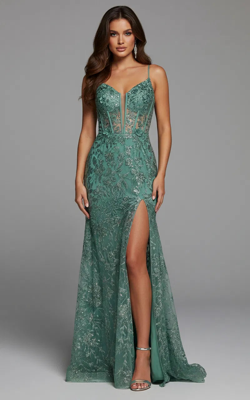 Jovani 42203 - Long Mermaid Dress - Spaghetti Straps, Embellished, Floral Pattern, Sheer Corset, High Slit, Sweep Train 4 / Sage Jovani 42203 - Long Mermaid Dress - Spaghetti Straps, Embellished, Floral Pattern, Sheer Corset, High Slit, Sweep Train 4 / Sage