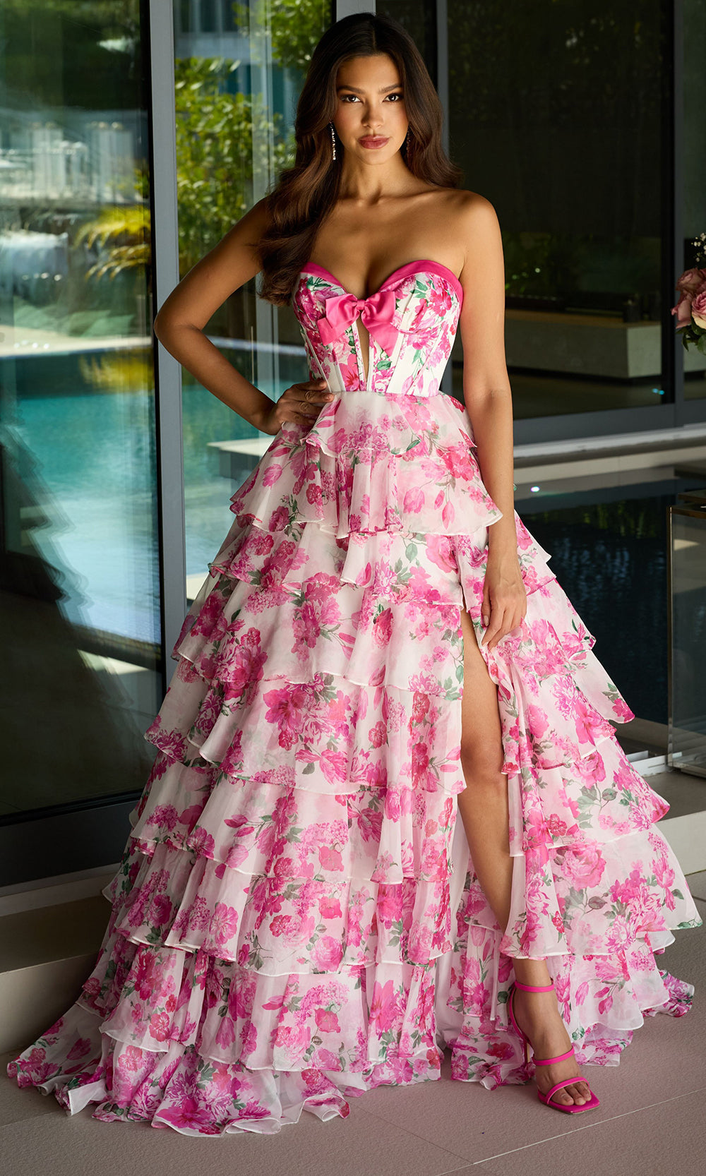 Ava Presley 42207 - Tiered Ruffle Prom DressProm Dresses in White Pink