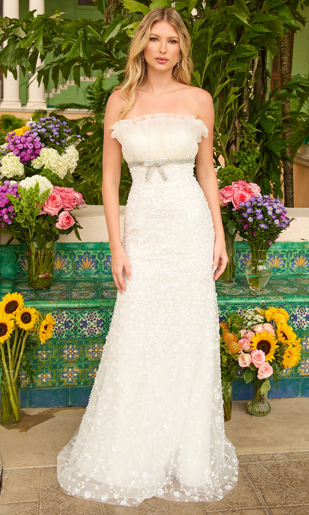 Ava Presley 42224 - Ruffles Neckline Beaded Prom DressWedding Dresses in Off White