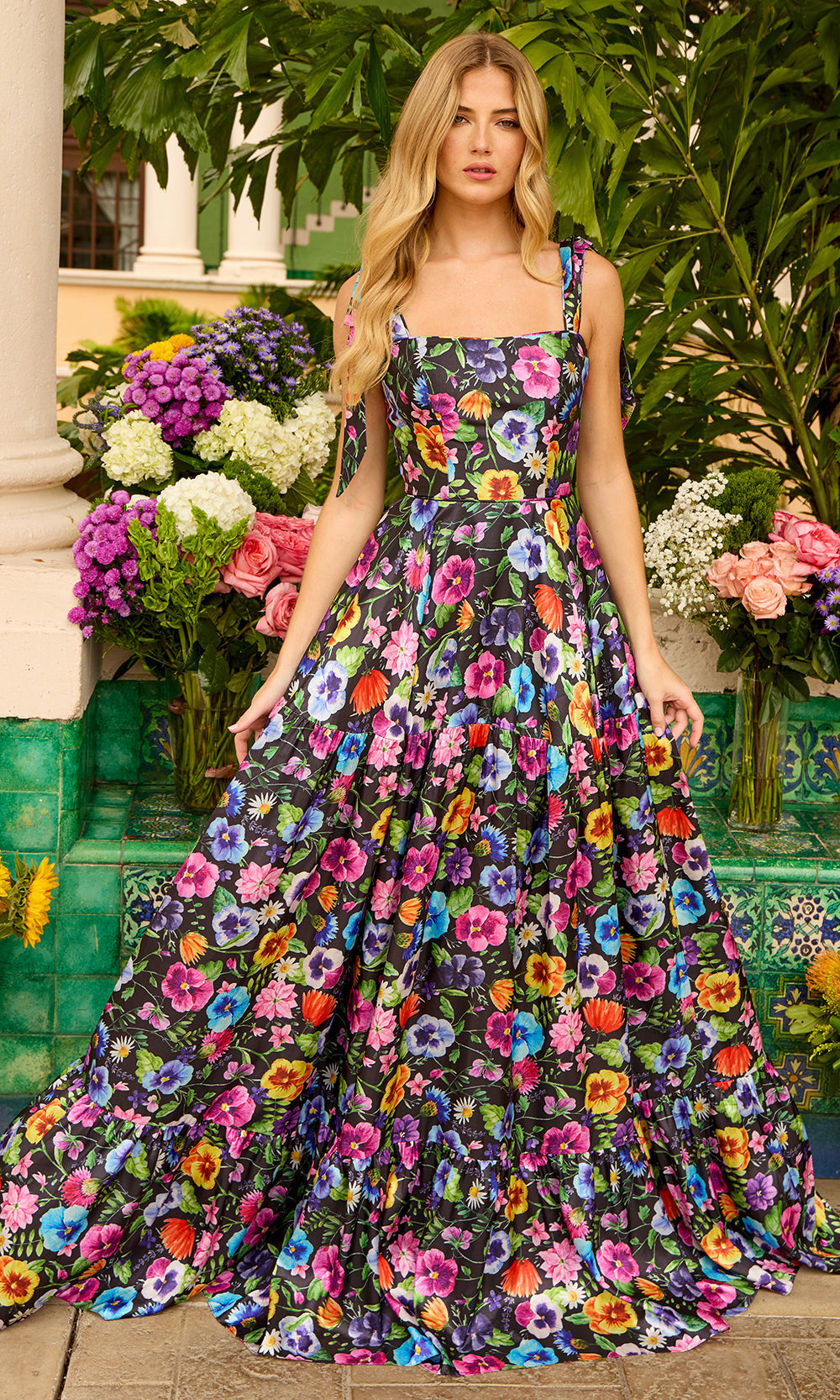 Ava Presley 42266 - Sweetheart Floral Bow Strap Evening DressProm Dresses in Black Multi 