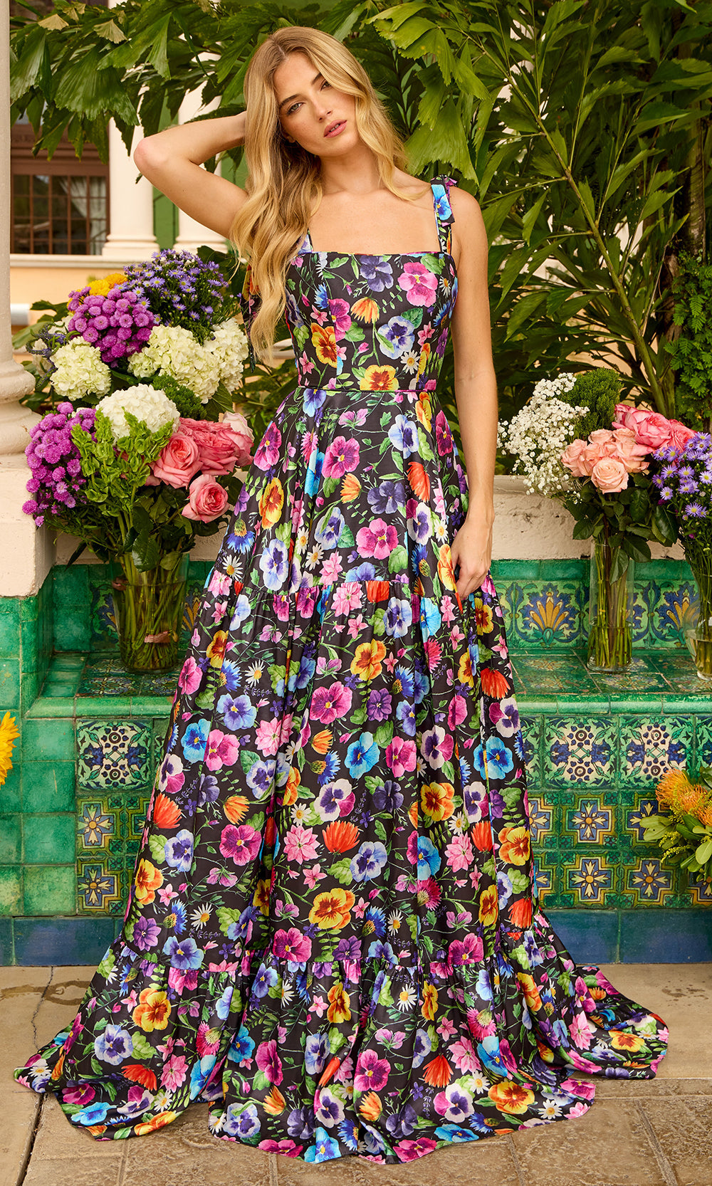 Ava Presley 42266 - Sweetheart Floral Bow Strap Evening DressProm Dresses in Black Multi 