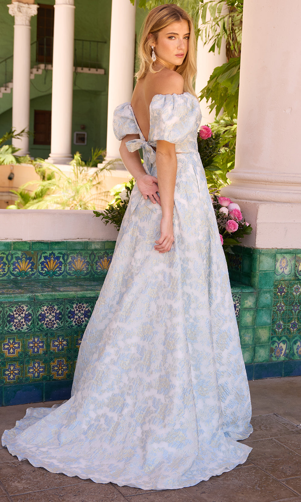 Ava Presley 42267 - Puff Sleeves Off-Shoulder Brocade GownProm Dresses in Light Blue 