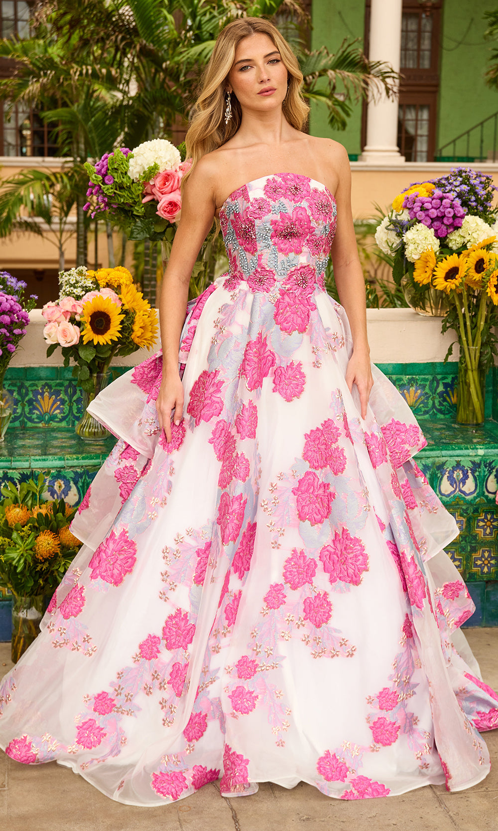 Ava Presley 42292 - Strapless Floral Ruffle Evening DressProm Dresses in Blue White Pink