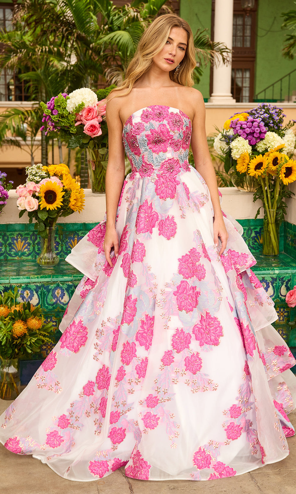 Ava Presley 42292 - Strapless Floral Ruffle Evening DressProm Dresses in Blue White Pink