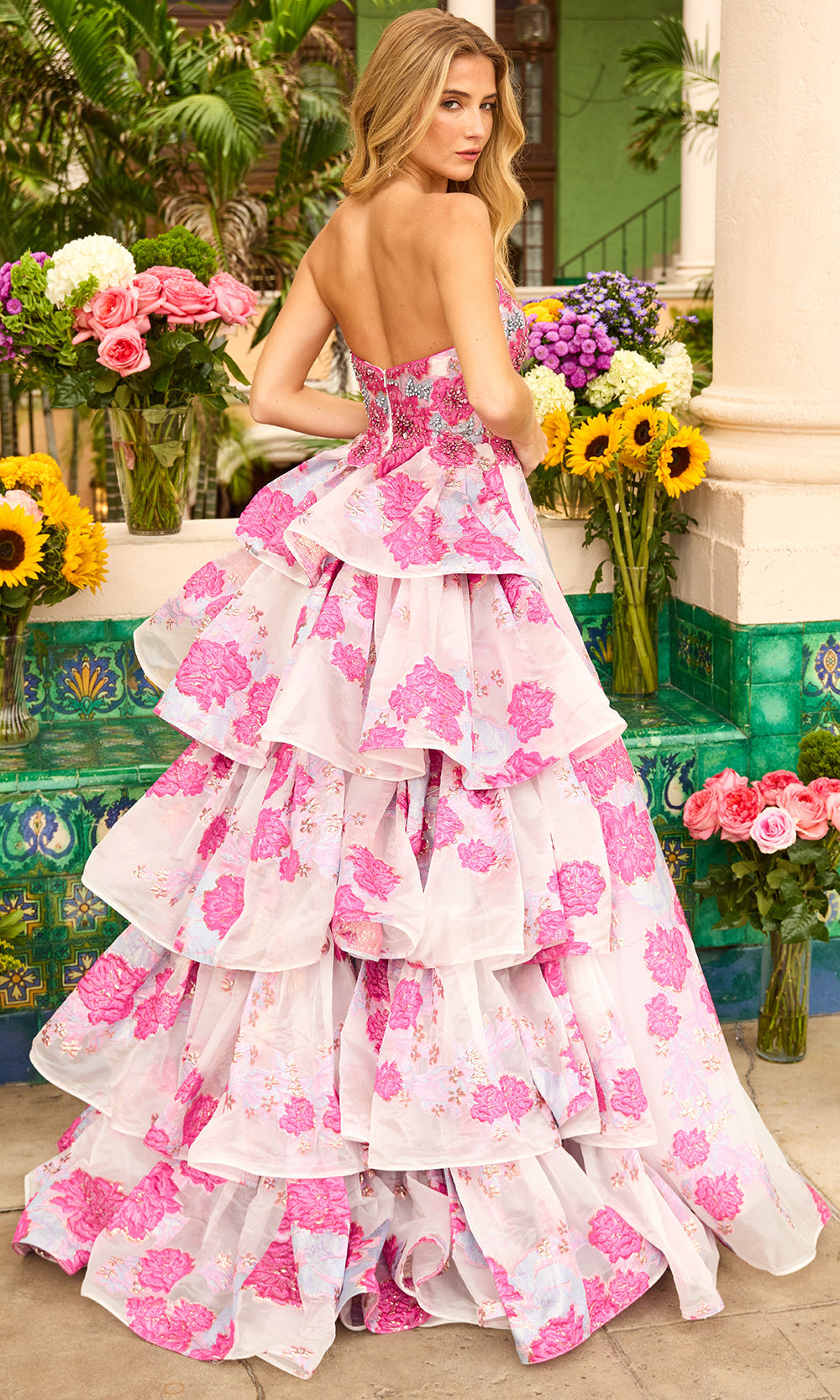 Ava Presley 42292 - Strapless Floral Ruffle Evening DressProm Dresses in Blue White Pink