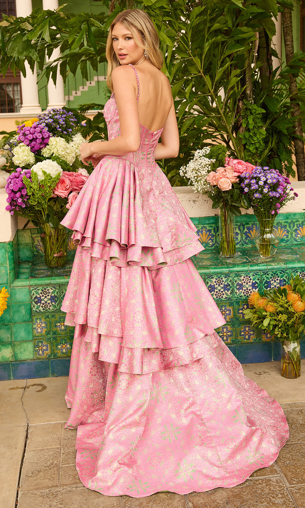 Ava Presley 42321 - Floral Jacquard High?Low Ruffle Evening DressProm Dresses in Pink