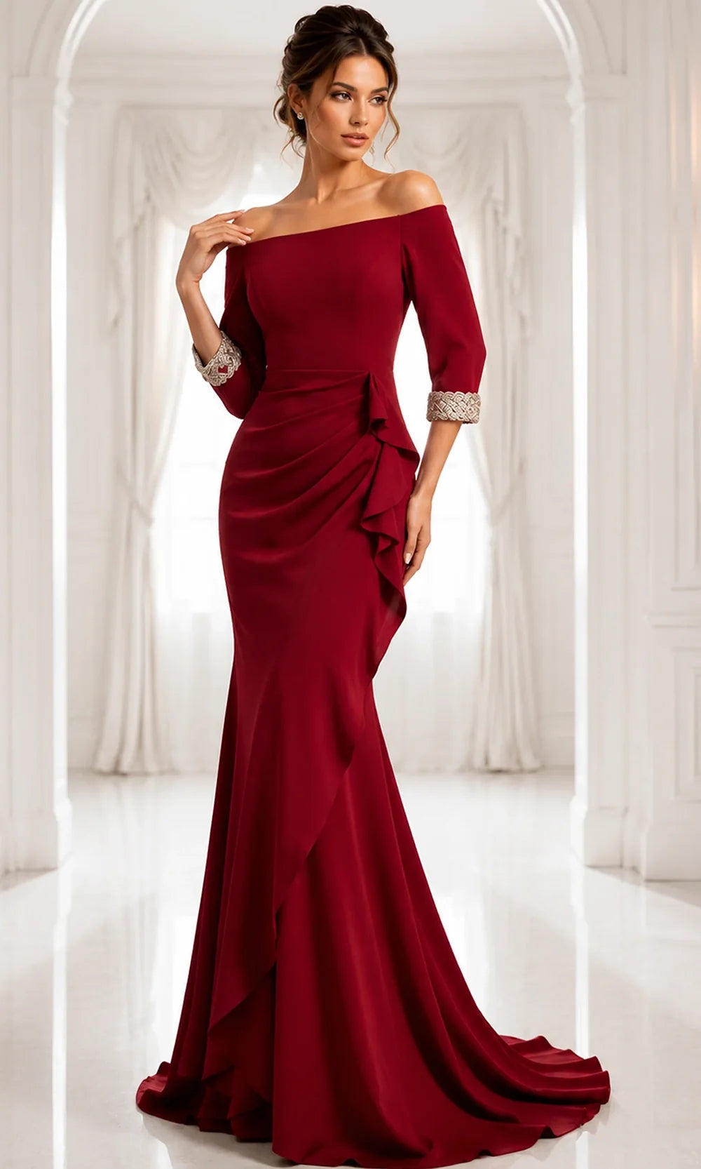 Jovani 42409 - Beaded Quarter Sleeve Evening Dress