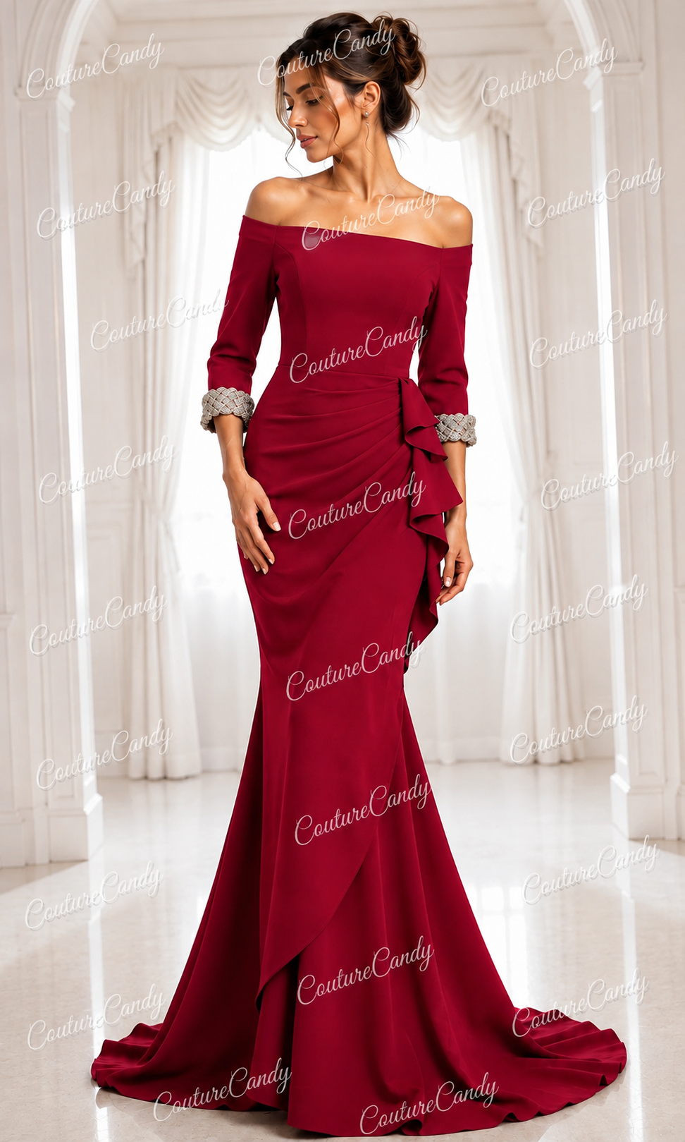 Jovani 42409 - Beaded Quarter Sleeve Evening Dress