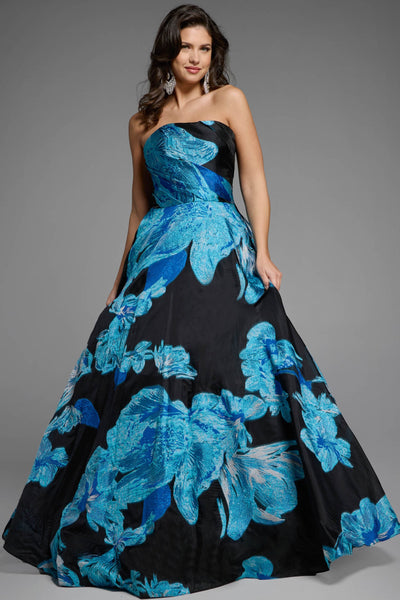 Jovani 42436 - Oversized Bow Strapless Printed Gown Ball Gowns In Blue and Black