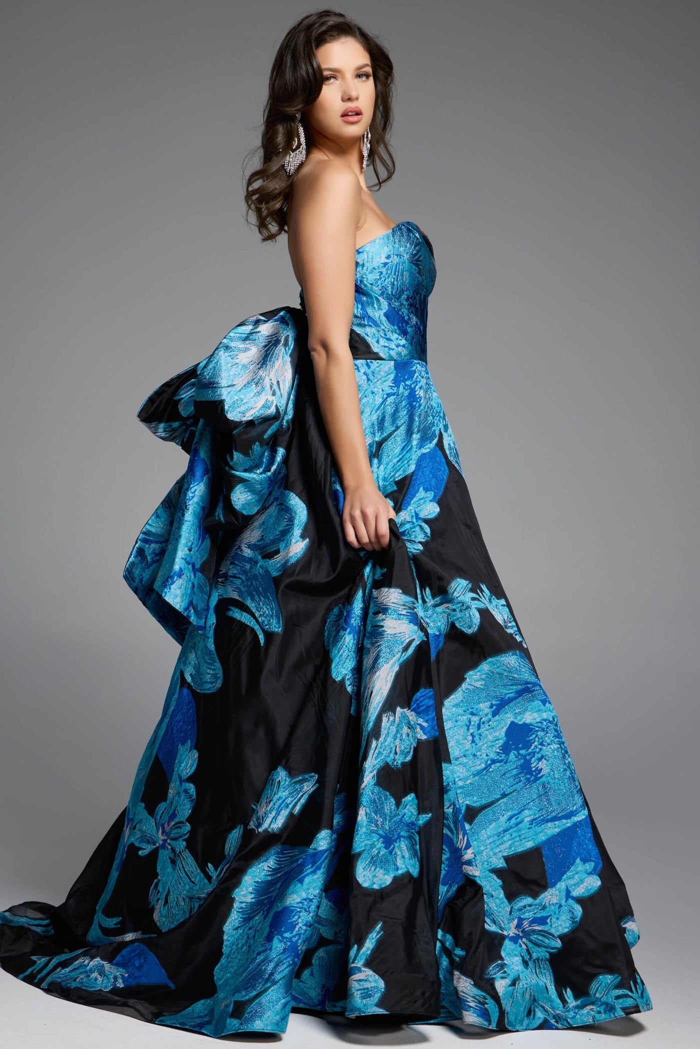 Jovani 42436 - Oversized Bow Strapless Printed Gown Ball Gowns In Blue and Black