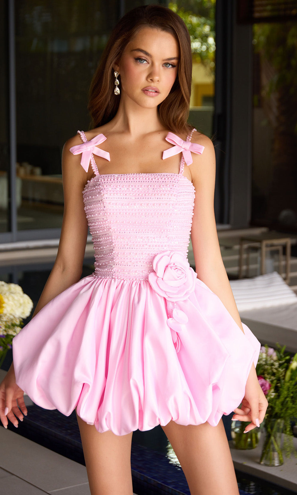 Ava Presley 42449 - Straight Neckline Floral Accent Satin Dress Homecoming Dresses in Pink  