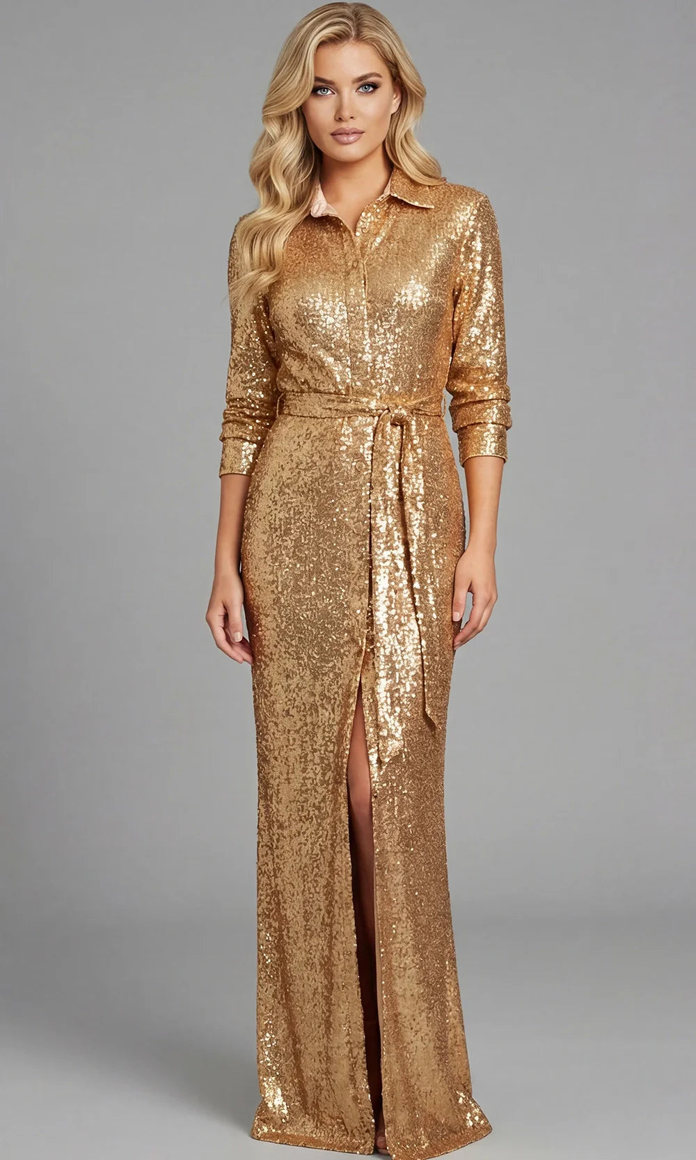 Jovani 42706 - Front Slit Sequin Column Gown Prom Dresses  in Gold 
