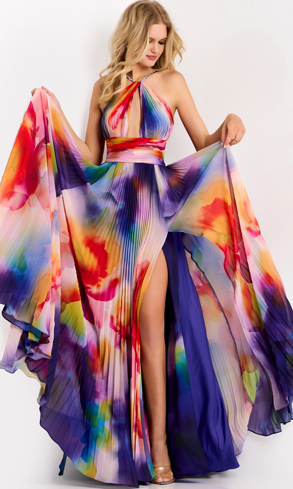 Jovani 42717 - Beaded Strap Multicolor Pleated Dress