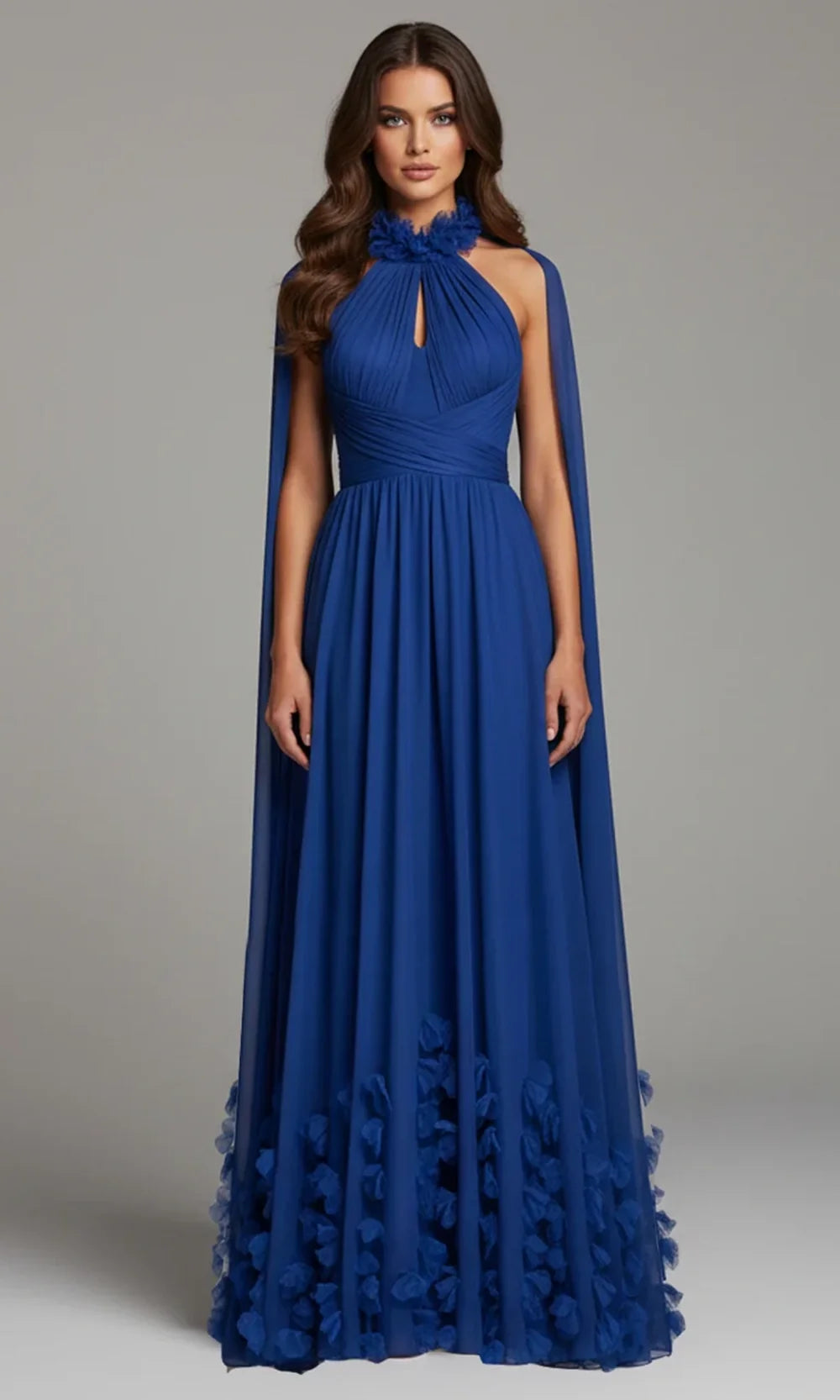 Jovani 42861 - Halter A-Line Gown with Attached Cape Special Occasion Dress In Royal