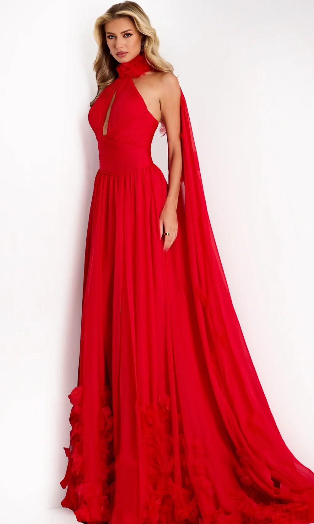 Jovani 42861 - Halter A-Line Gown with Attached Cape Special Occasion Dress In Red