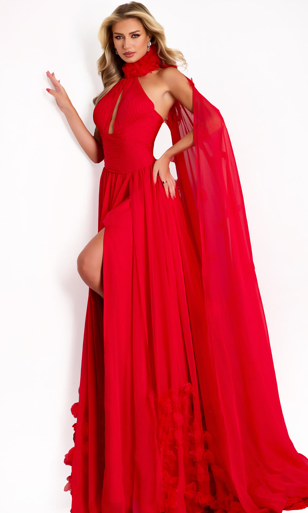 Jovani 42861 - Halter A-Line Gown with Attached Cape Special Occasion Dress In Red