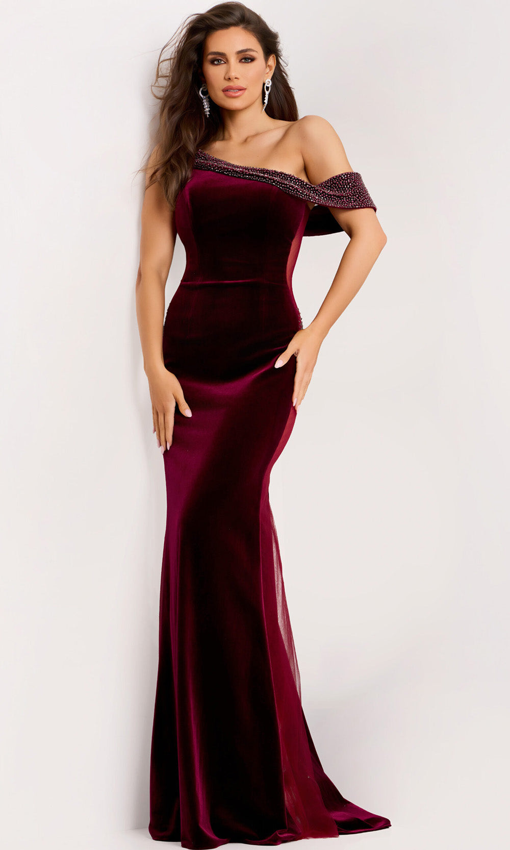 Jovani 42975 - Velvet Sheath Gown with Sheer Side Panel