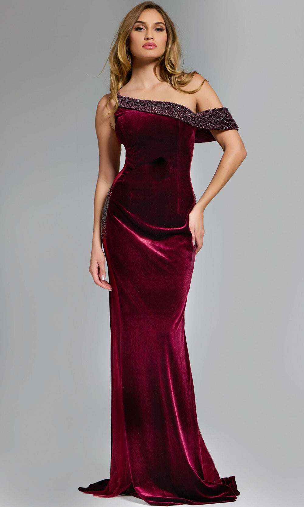 Jovani 42975 - Velvet Sheath Gown with Sheer Side Panel