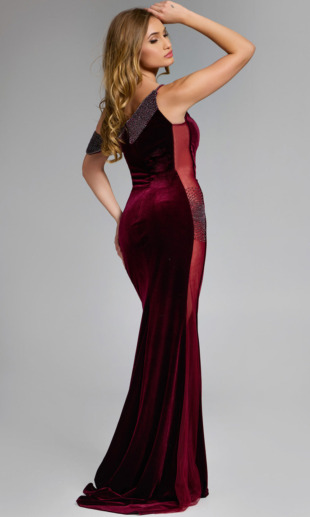Jovani 42975 - Velvet Sheath Gown with Sheer Side Panel