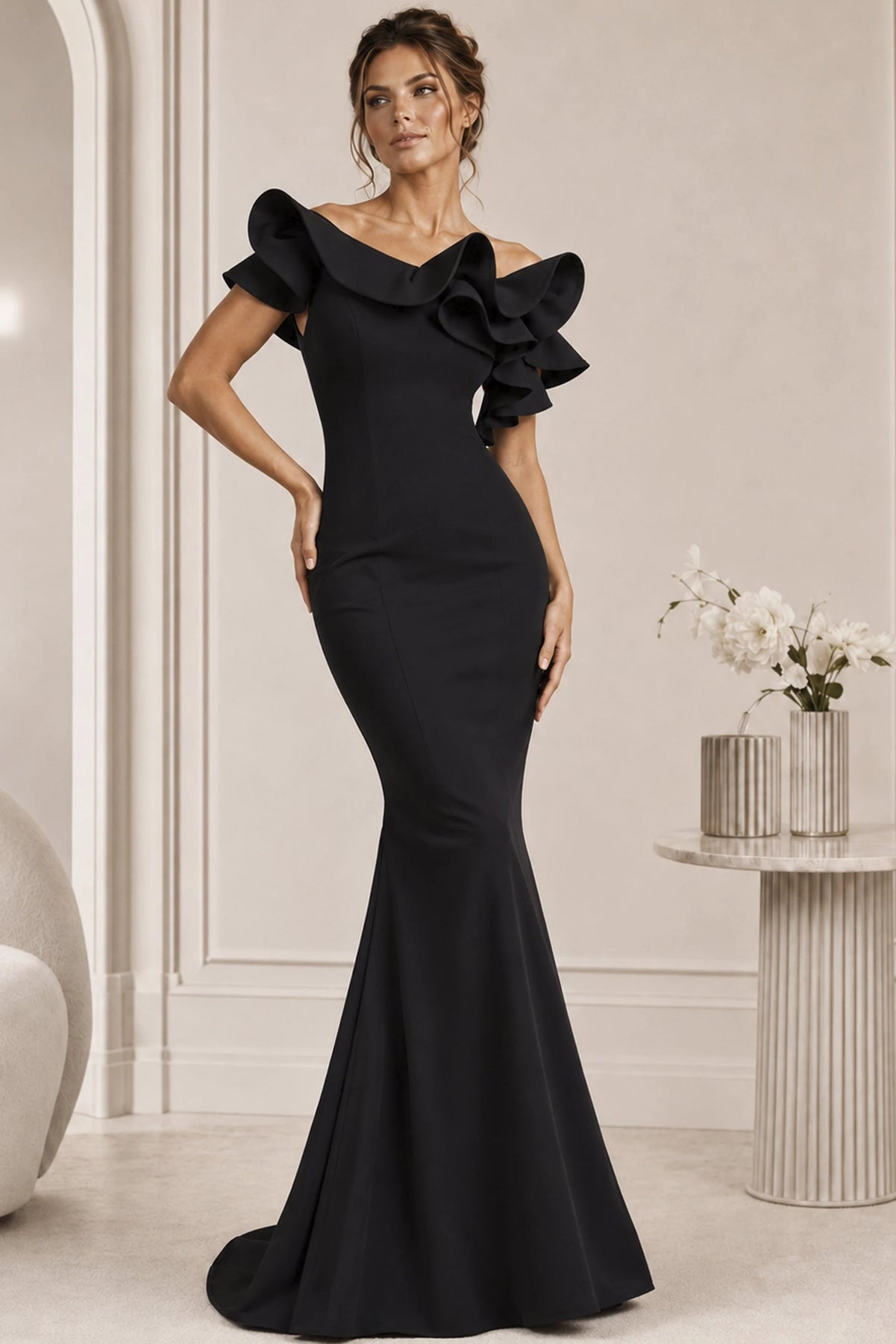 Jovani 43000 - Ruffled Neckline Mermaid Scuba Gown