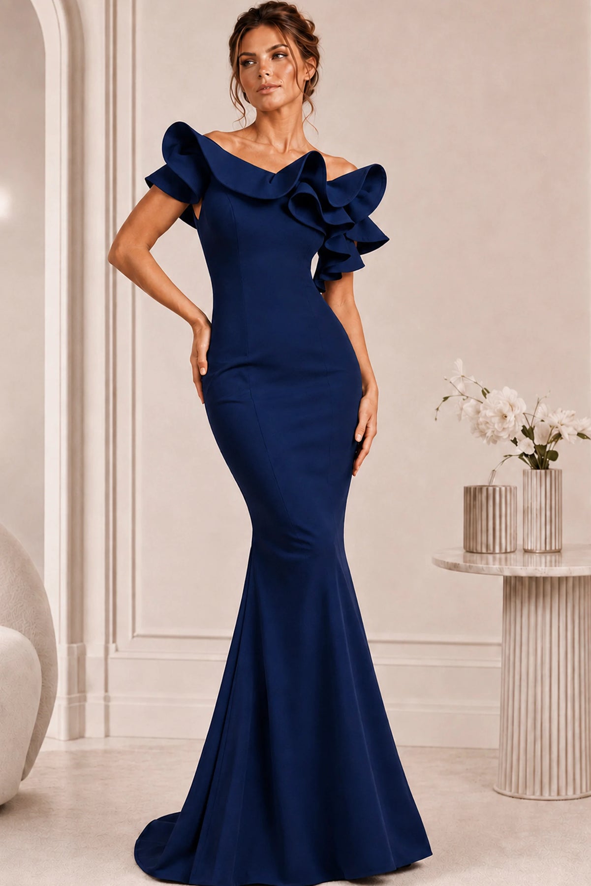 Jovani 43000 - Ruffled Neckline Mermaid Scuba Gown