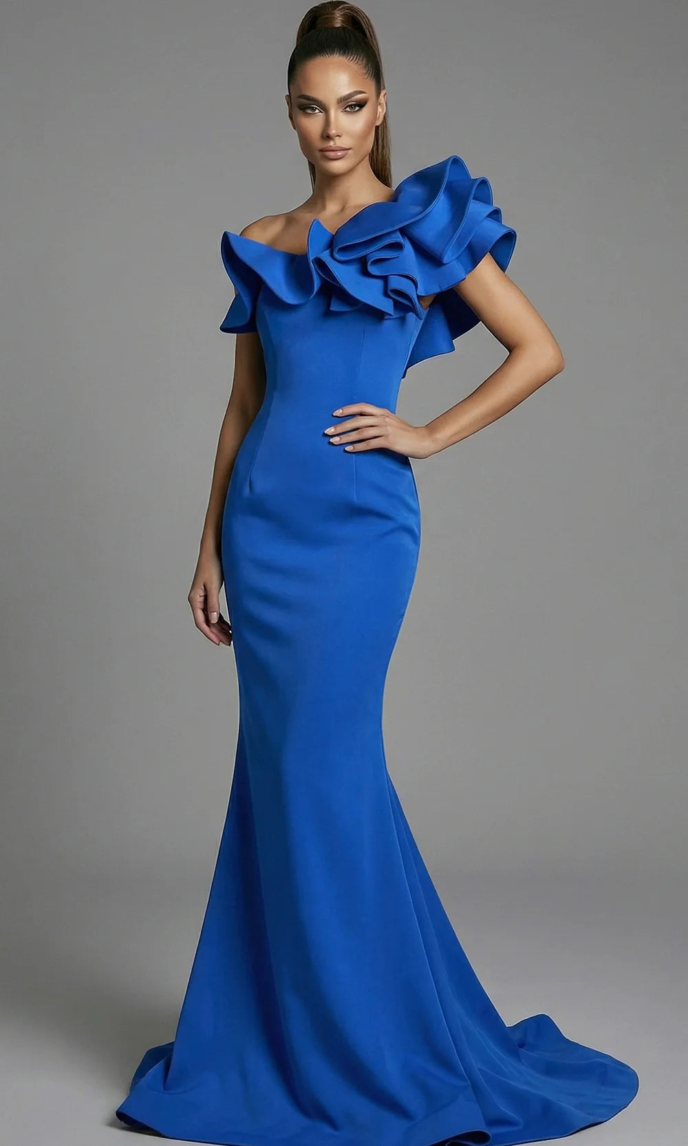 Jovani 43000 - Ruffled Neckline Mermaid Scuba Gown Prom Dresses  in Royal  