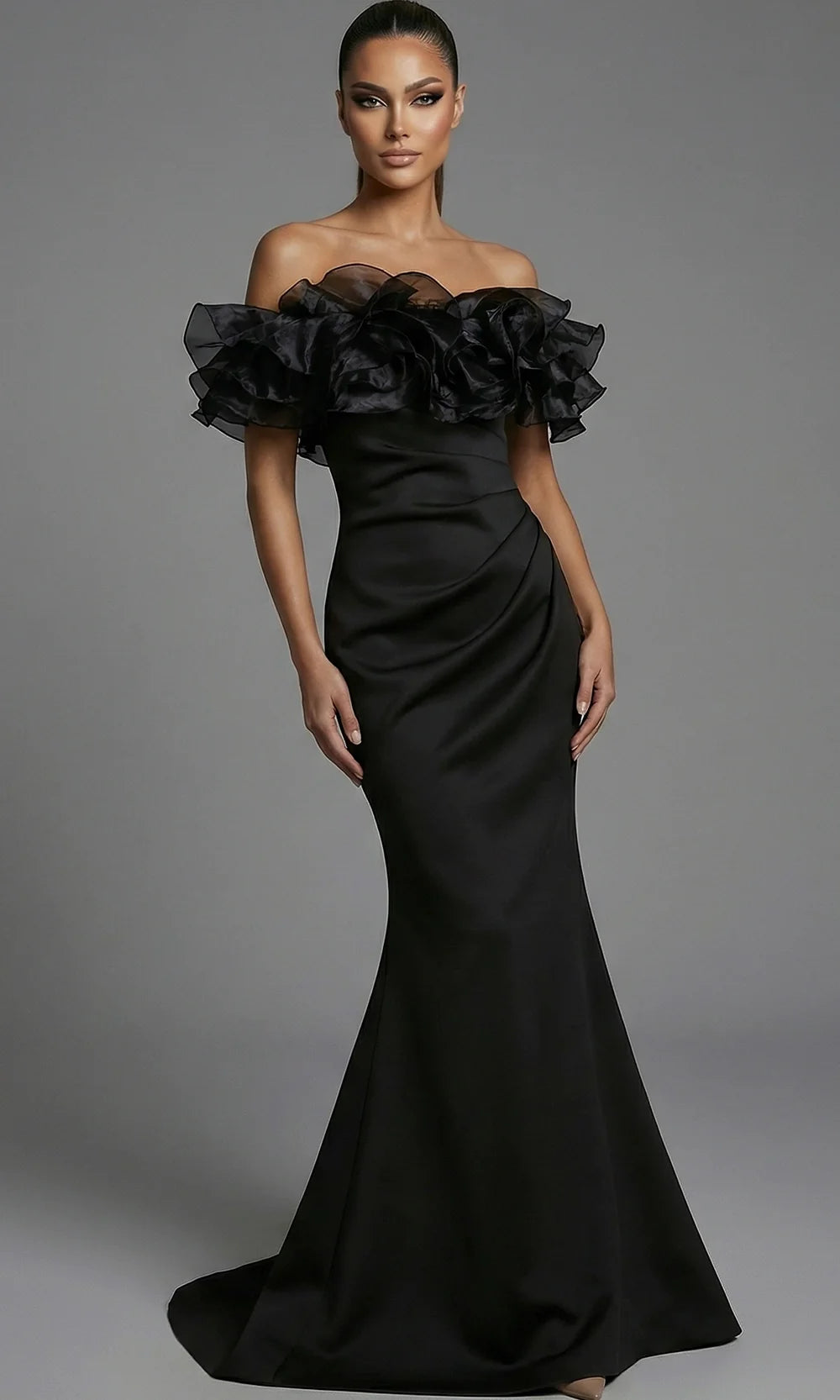 Jovani 43001 - Layered Ruffle Neckline Mermaid Evening Gown Special Occasion Dress In Black