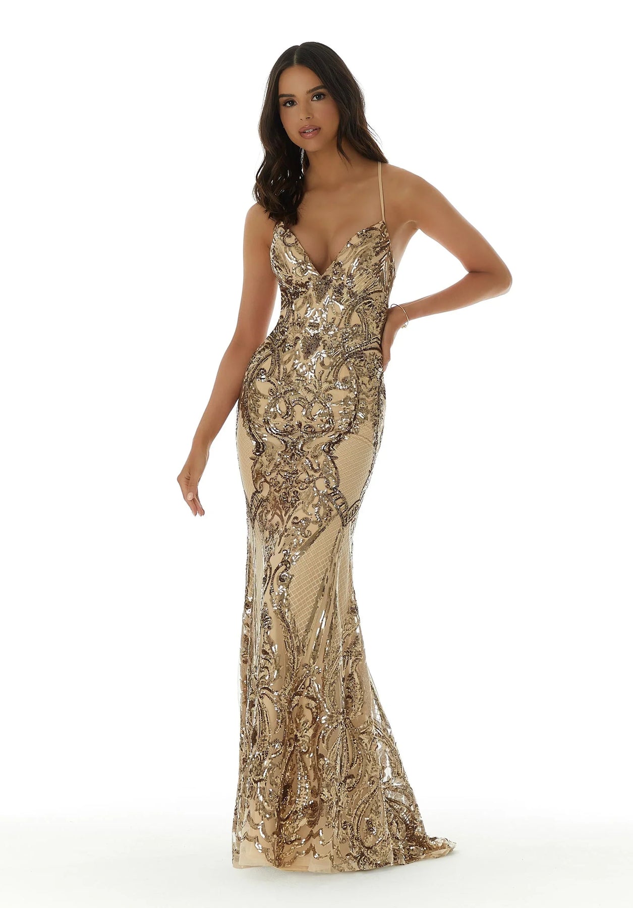 Mori Lee 49316 - Lace-Up Back Sequin Embellished Gown Prom Dresses in Nude Gold