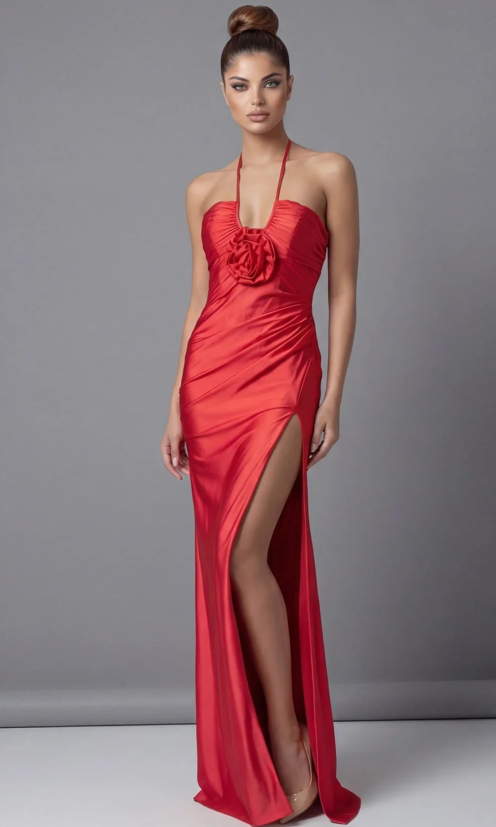 Jovani 43041 - Rosette Detail Sleeveless Halter Prom Gown Special Occasion Dress In Red