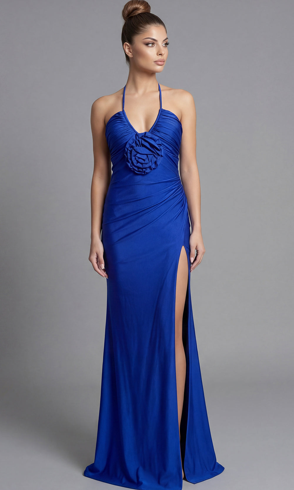 Jovani 43041 - Rosette Detail Sleeveless Halter Prom Gown Special Occasion Dress In Royal