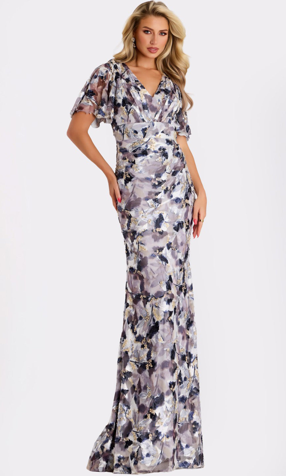 Jovani 43046 - Watercolor Print V-Neckline Sheath Gown