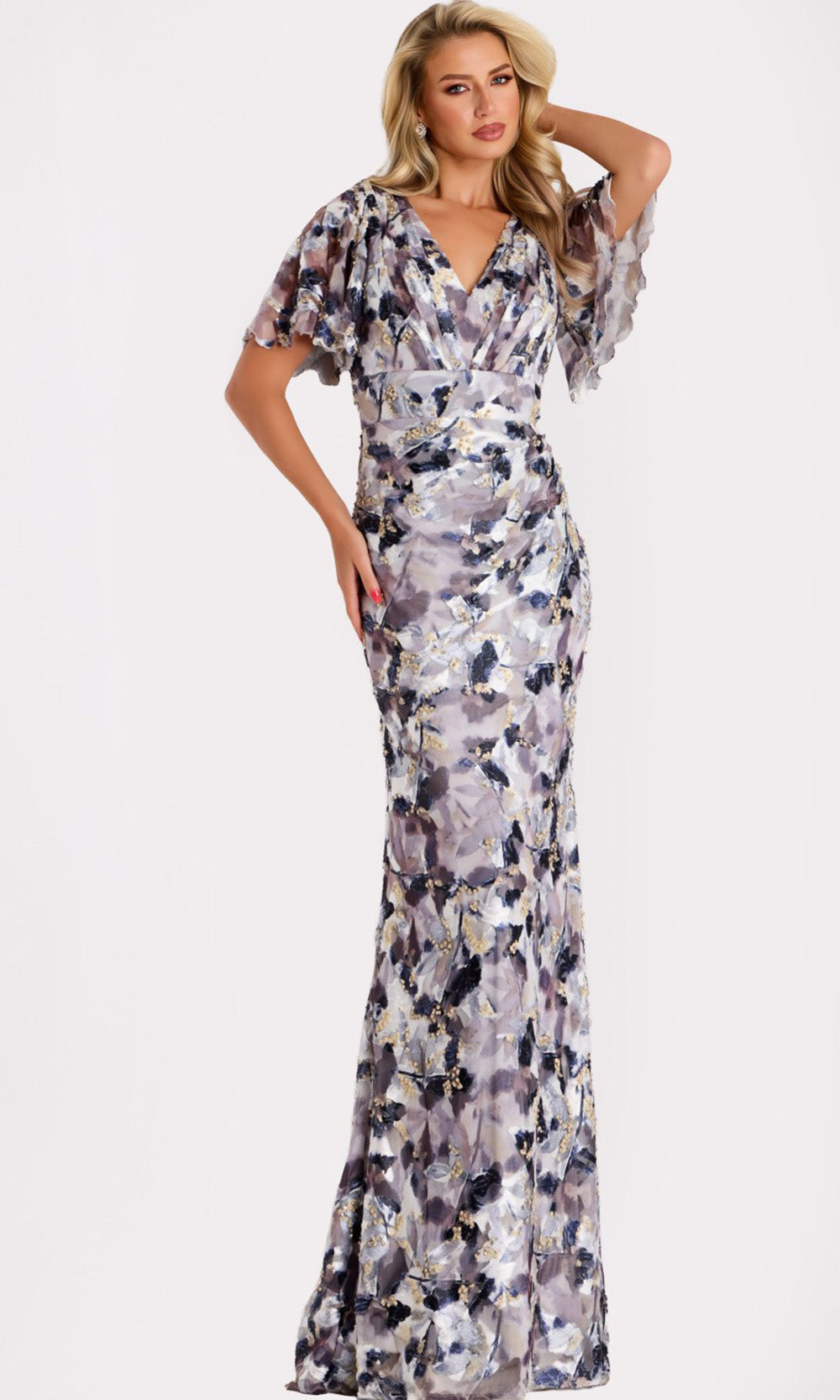 Jovani 43046 - Watercolor Print V-Neckline Sheath Gown