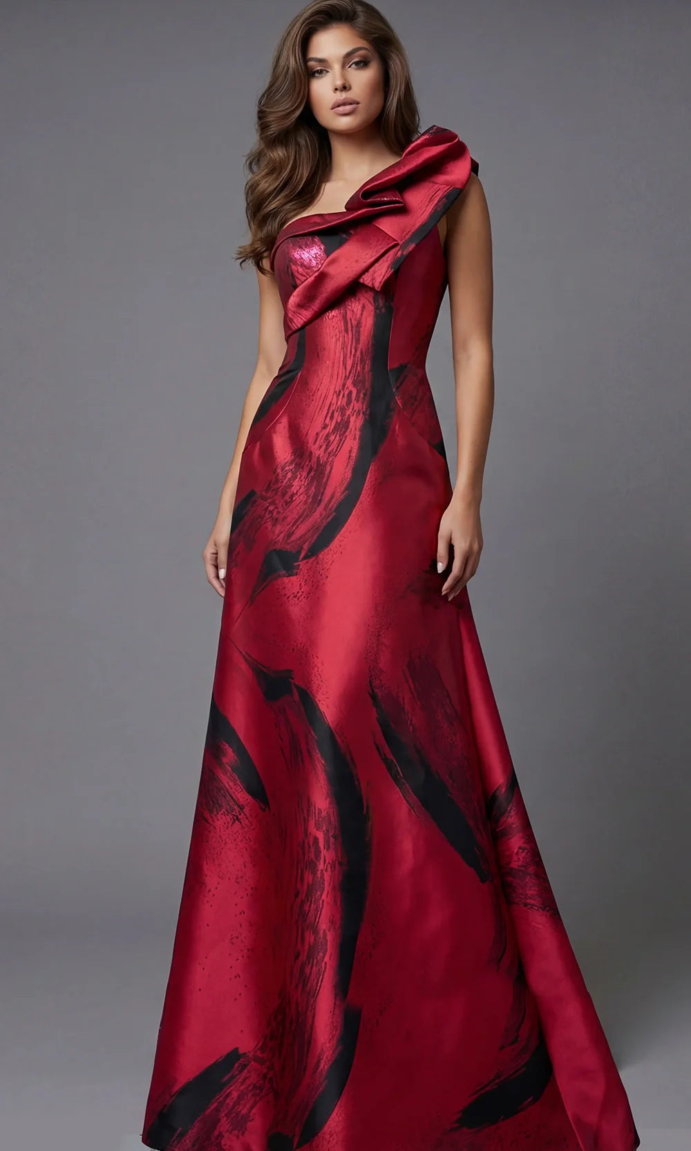 Jovani 43047 - Sculptural Ruffle Printed Evening Gown Prom Dresses  in Crimson  