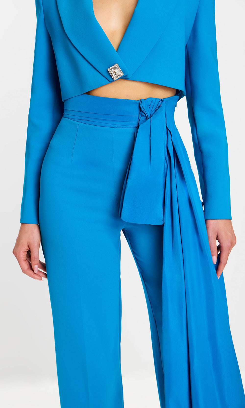 Jovani 43139 - Rhinestone Button V-Neck Wide Leg Pantsuit Prom Dresses  in Peacock  