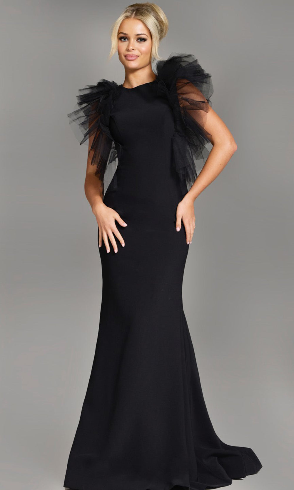 Jovani 43153 - Jewel Neckline Ruffle Sleeve Gown