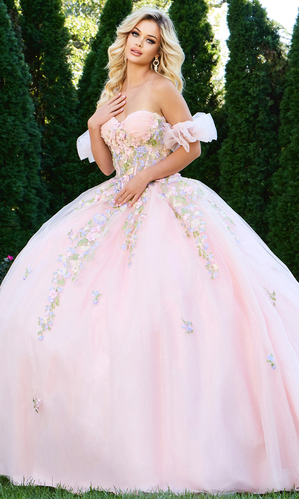 Jovani Q43231 - 3D Floral Corset Ballgown with Puff Sleeves