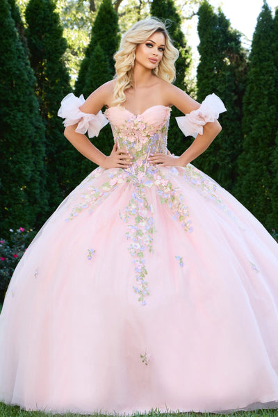 Jovani Q43231 - 3D Floral Corset Ballgown with Puff Sleeves Quinceanera Dresses in Pink and Multi