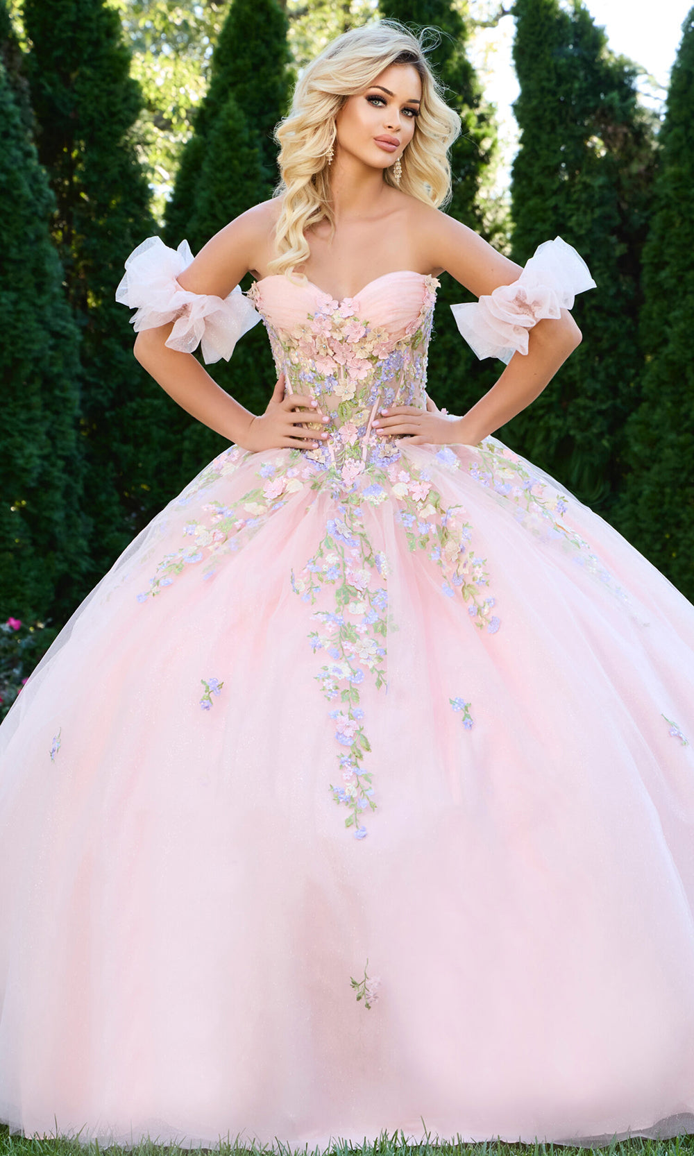 Jovani Q43231 - 3D Floral Corset Ballgown with Puff Sleeves