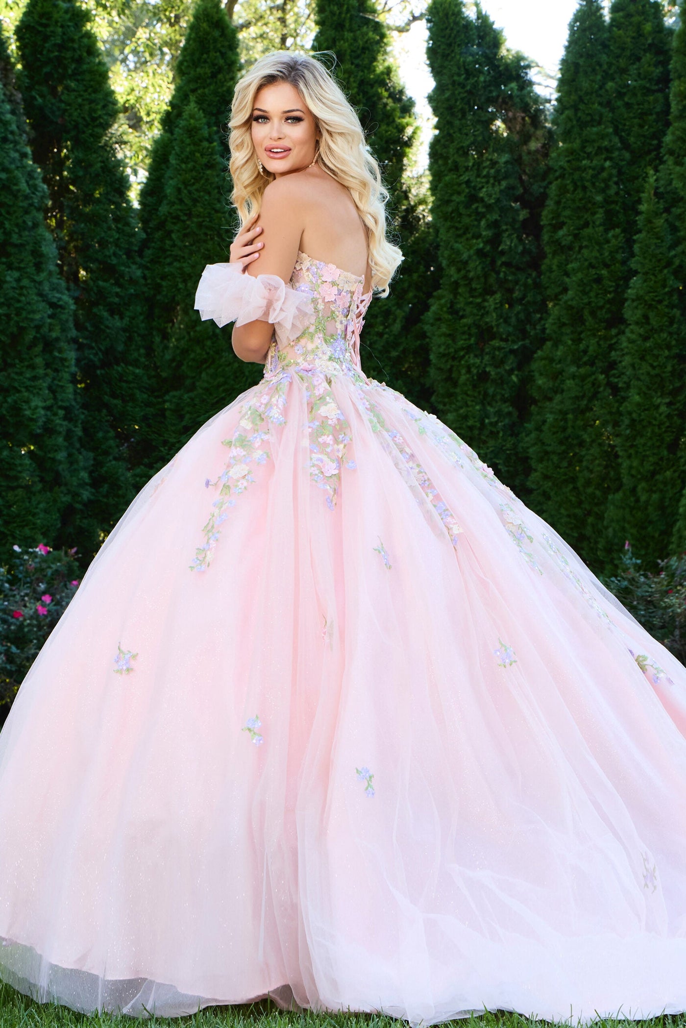 Jovani Q43231 - 3D Floral Corset Ballgown with Puff Sleeves Quinceanera Dresses in Pink and Multi