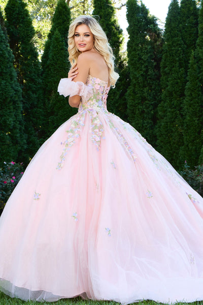 Jovani Q43231 - 3D Floral Corset Ballgown with Puff Sleeves Quinceanera Dresses in Pink and Multi