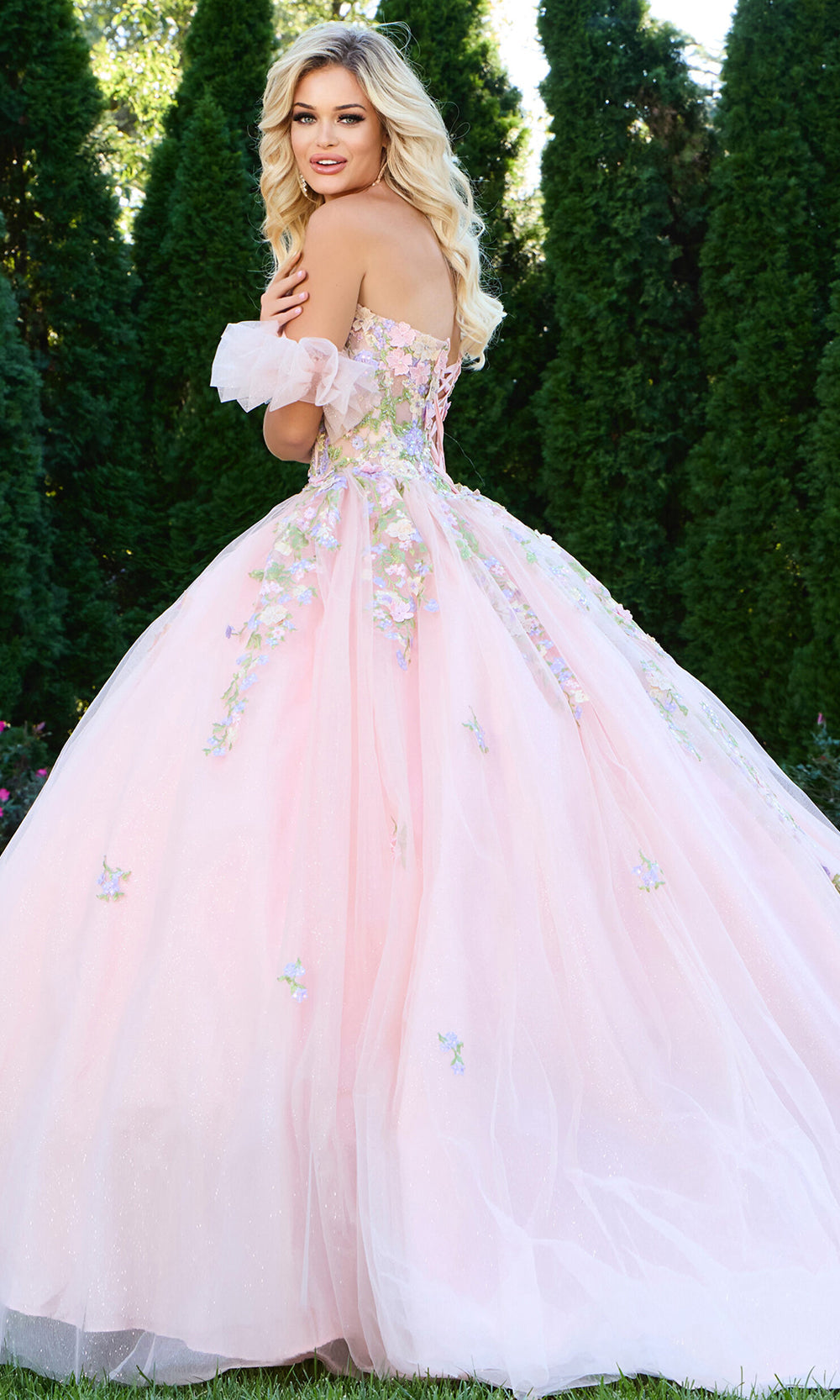 Jovani Q43231 - 3D Floral Corset Ballgown with Puff Sleeves
