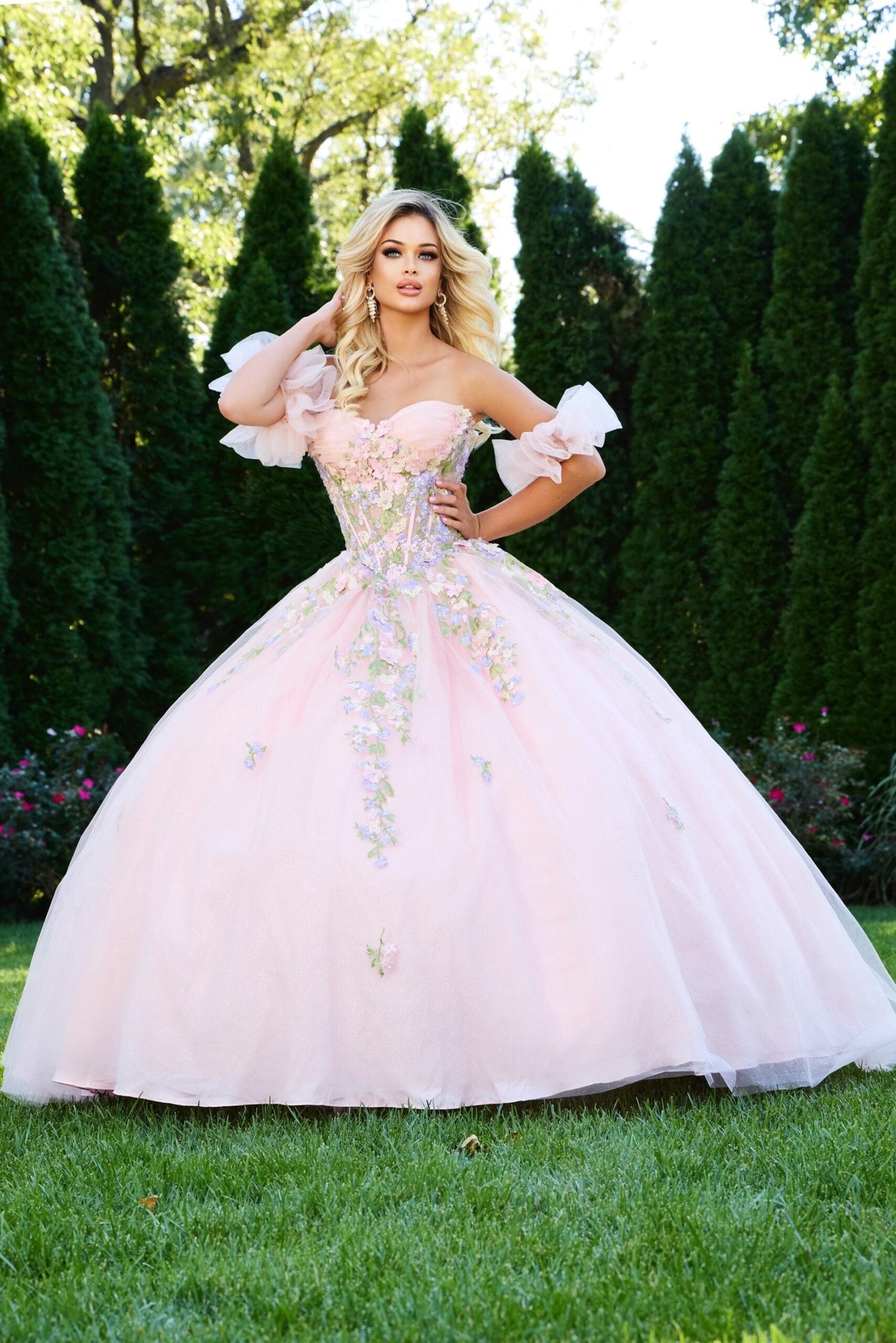 Jovani Q43231 - 3D Floral Corset Ballgown with Puff Sleeves Quinceanera Dresses in Pink and Multi